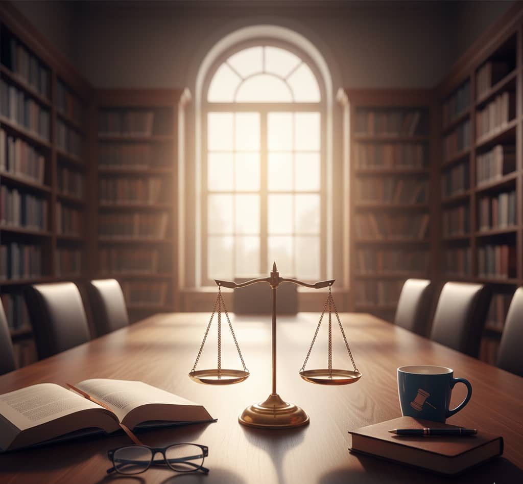 تصویری یک میز و ترازوی عدالت در دفتر وکالت